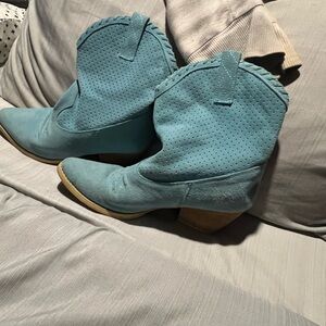 Volatile Aqua Perforated Heeled Boots